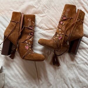 Sam Edelman Embroidered Brown Suede Ankle Boots, Size 8.5